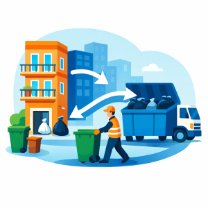 Illustration showing WasteIt staff transferring resident trash from the door to the dumpster with arrows indicating flow.