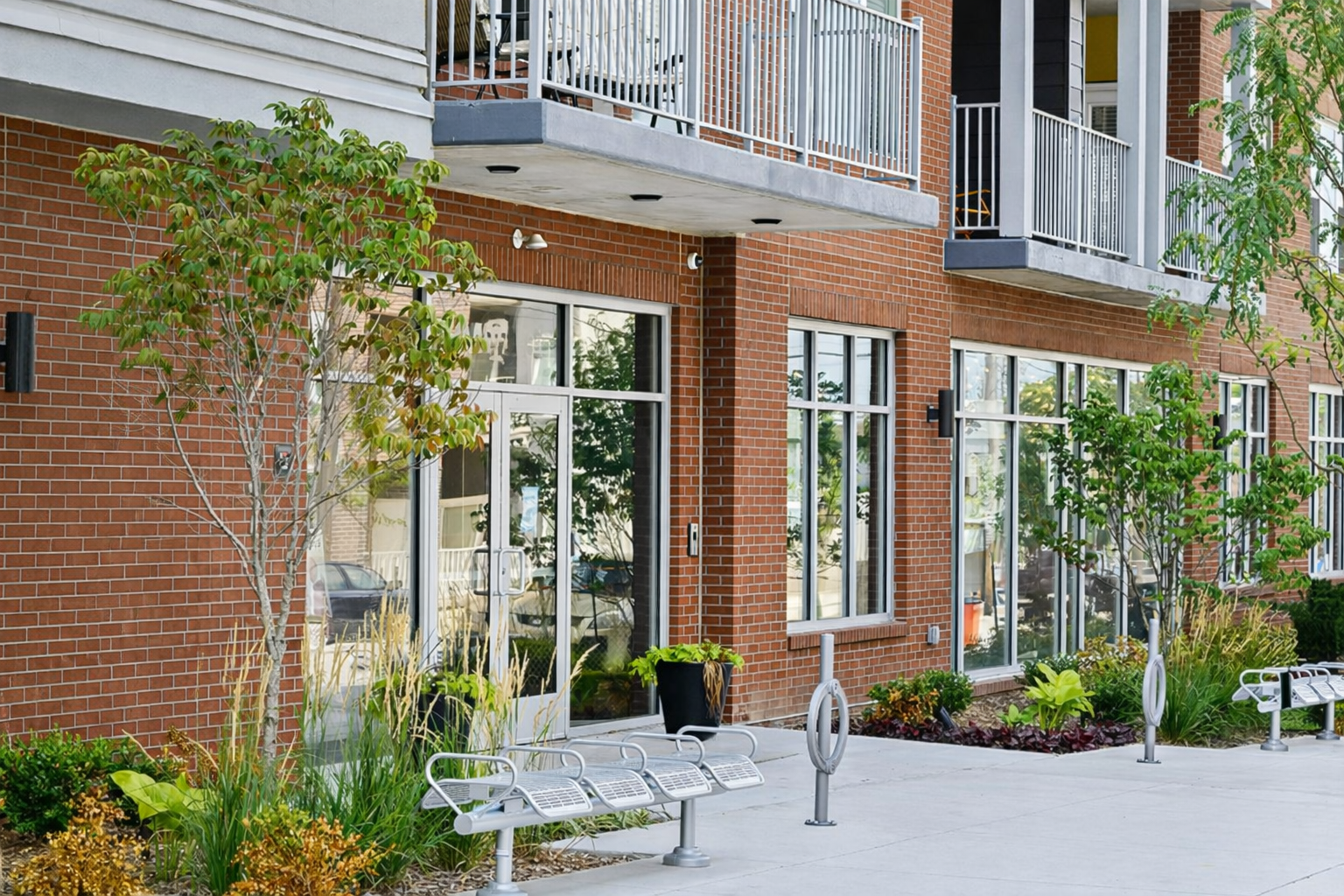 multifamily community walkway outside apartment buildings